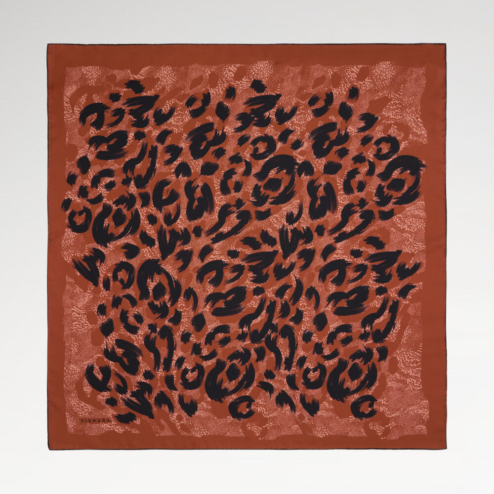 Kiremit Leopar Desenli Twill İpek Eşarp