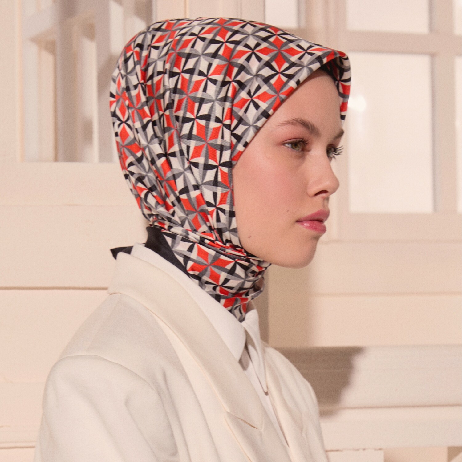 Kırmızı Diamond Line Retro Desen Twill İpek Eşarp - 3