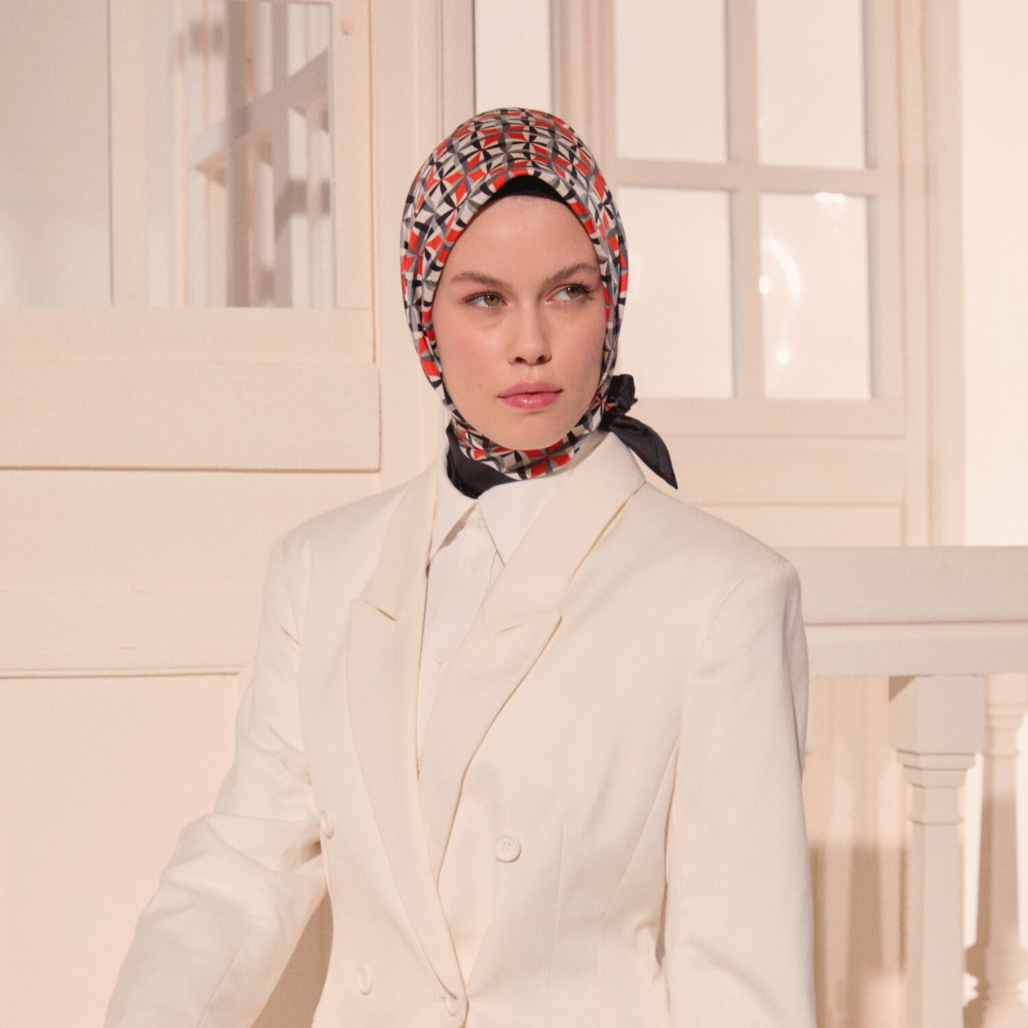 Kırmızı Diamond Line Retro Desen Twill İpek Eşarp - 4