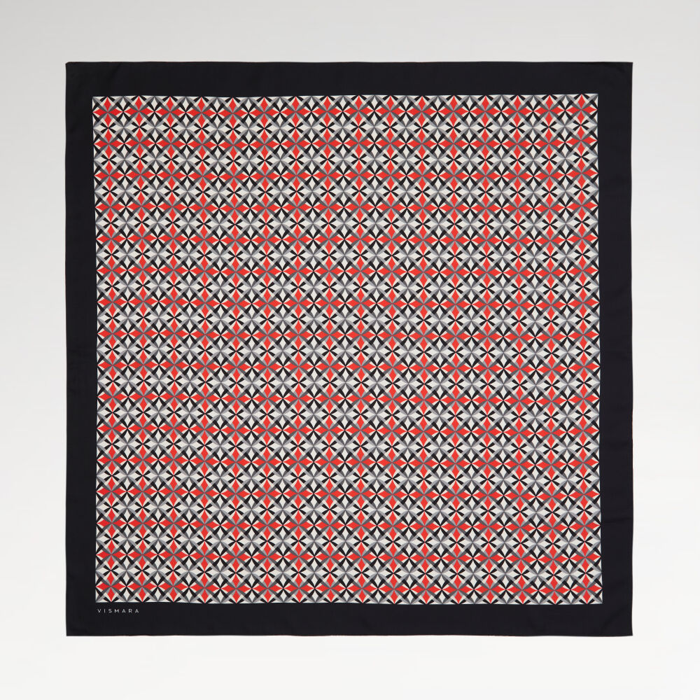 Kırmızı Diamond Line Retro Desen Twill İpek Eşarp