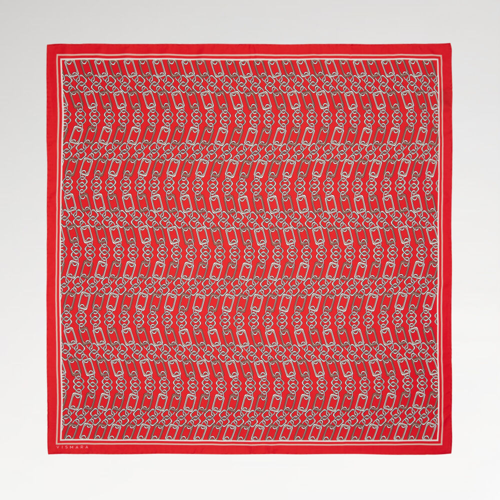 Kırmızı Modern Zincir Desen Twill İpek Eşarp