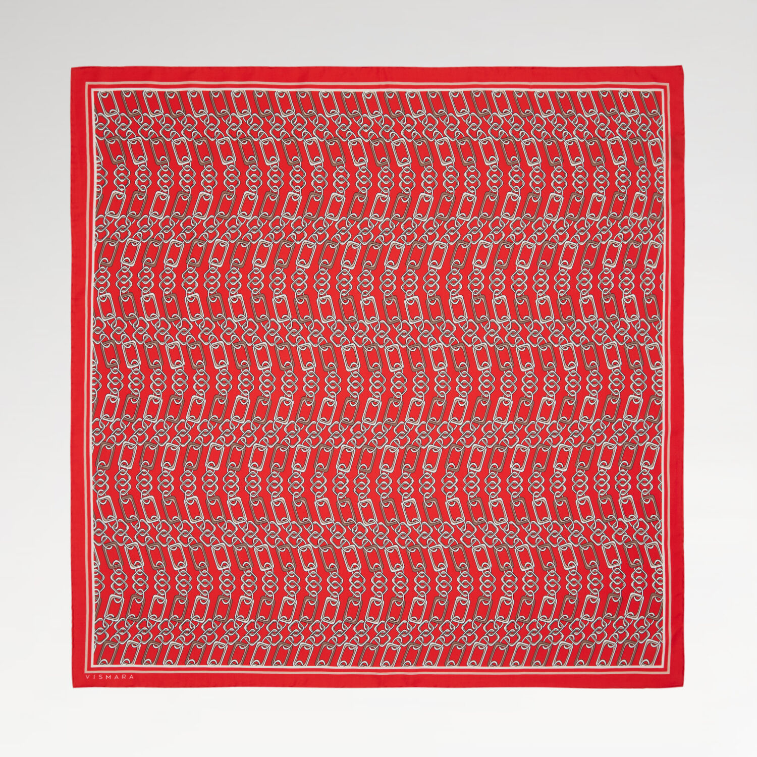 Kırmızı Modern Zincir Desen Twill İpek Eşarp - 1