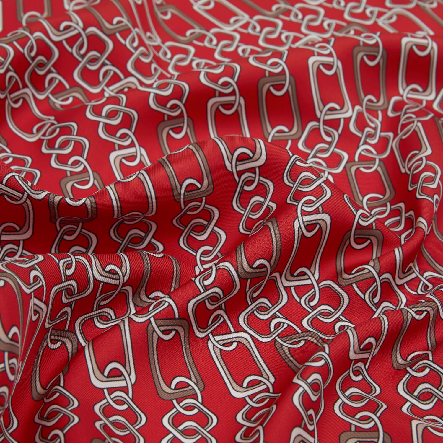 Kırmızı Modern Zincir Desen Twill İpek Eşarp - 2