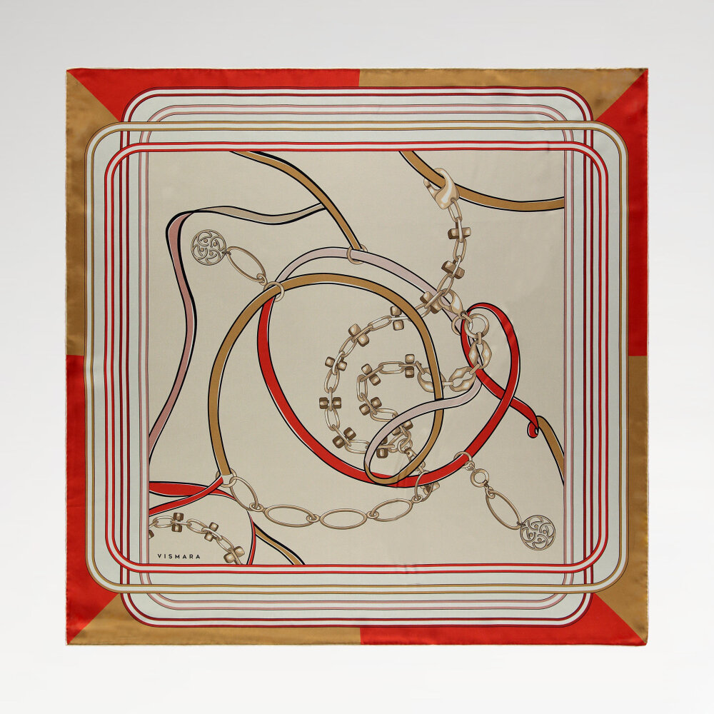Kırmızı Monogram ve Zincir Desenli İpek Eşarp - 1