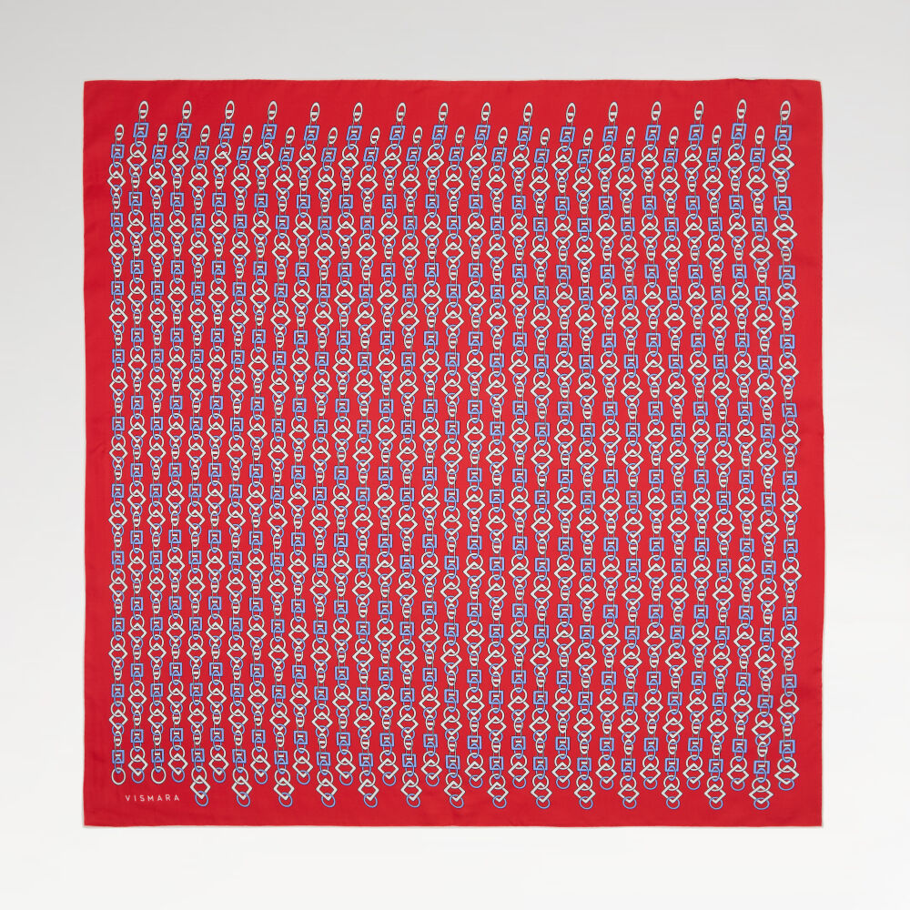 Kırmızı Zincir Motif Desenli Twill İpek Eşarp
