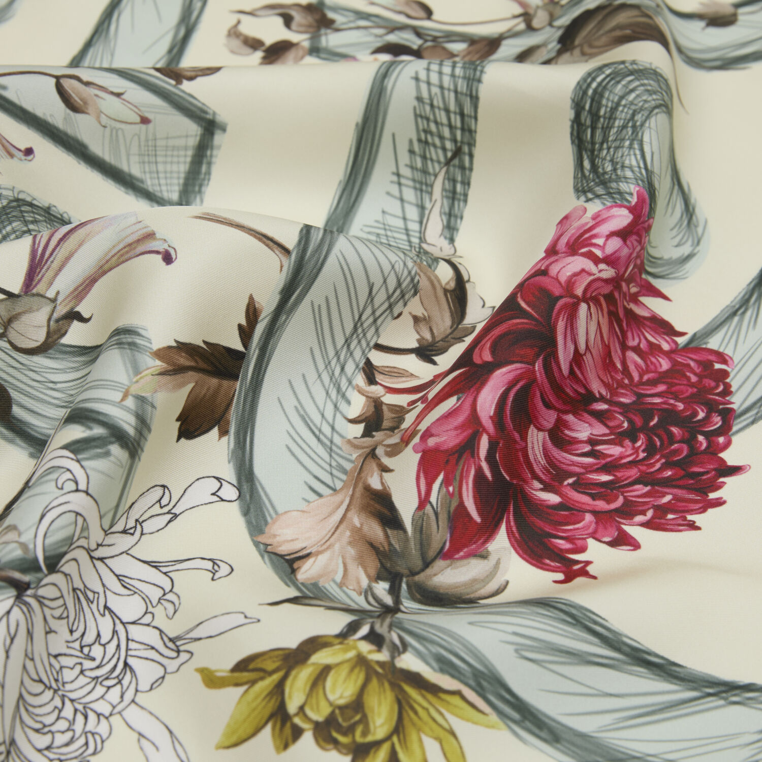 Koyu Yeşil Çiçeklerin Büyüsü Desenli Twill İpek Eşarp - 2