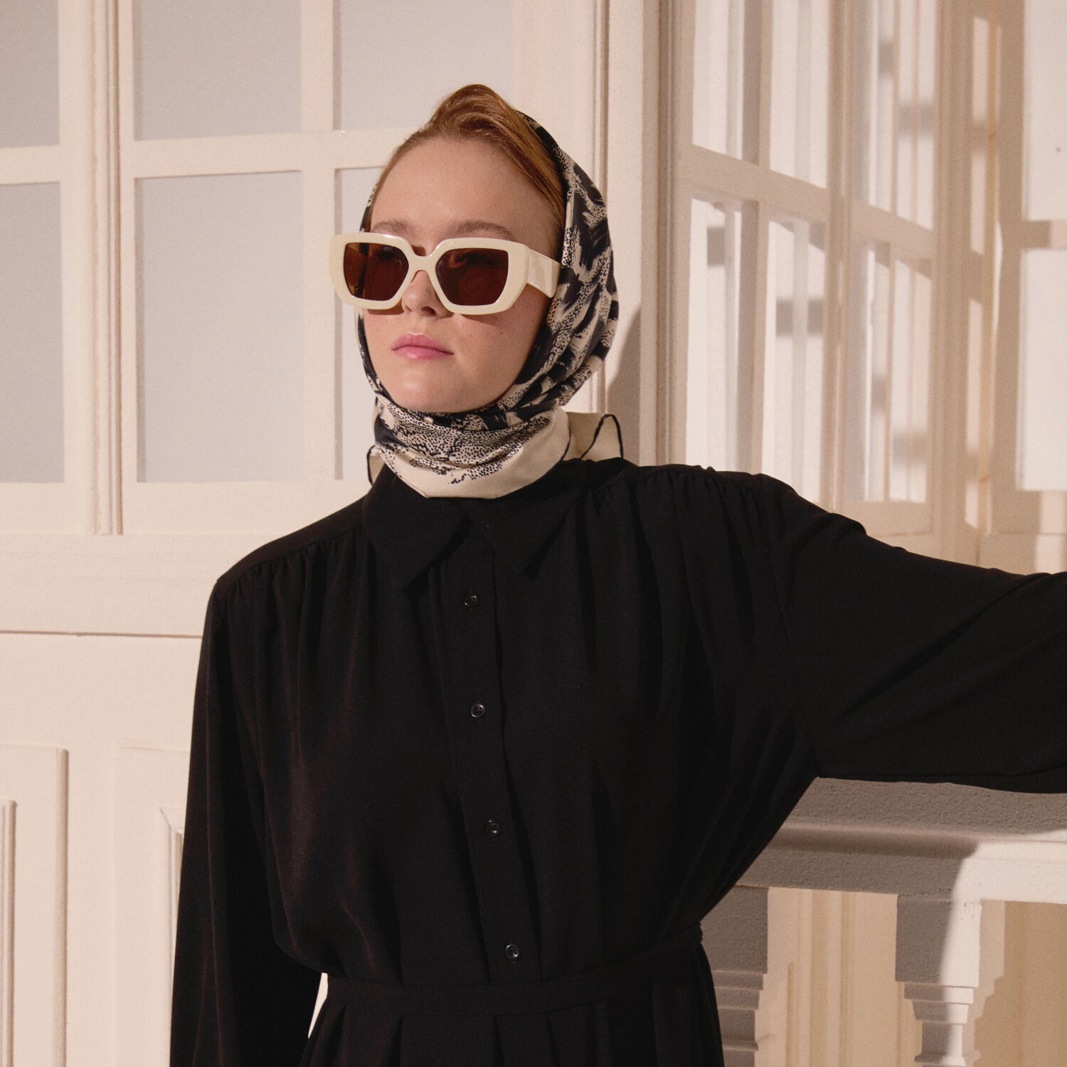 Krem Leopar Desenli Twill İpek Eşarp - 3
