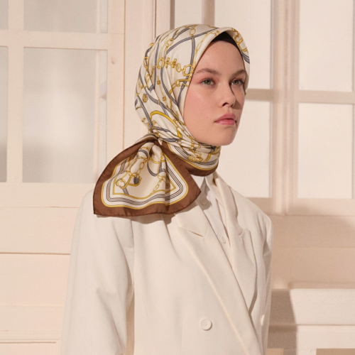 Krem Monogram ve Zincir Desenli Twill İpek Eşarp - Vismara