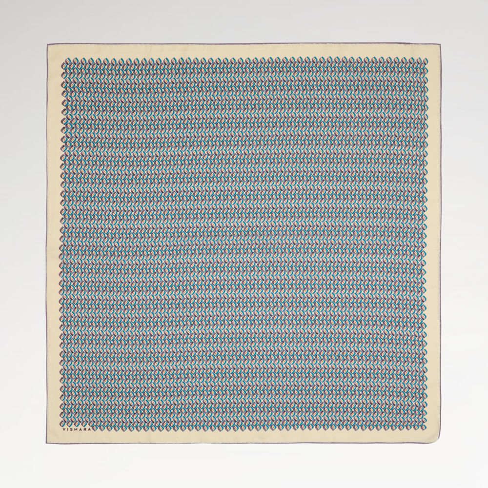 Krem Prizma Retro Desenli Twill İpek Eşarp