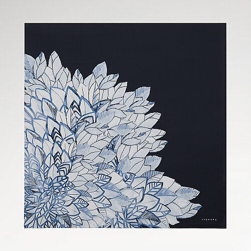 Lacivert Floral Yaprak Desenli Twill İpek Eşarp - Vismara