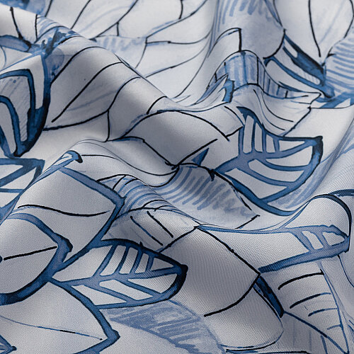 Lacivert Floral Yaprak Desenli Twill İpek Eşarp - Vismara