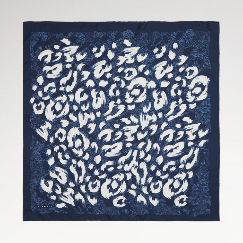 Lacivert Leopar Desenli Twill İpek Eşarp