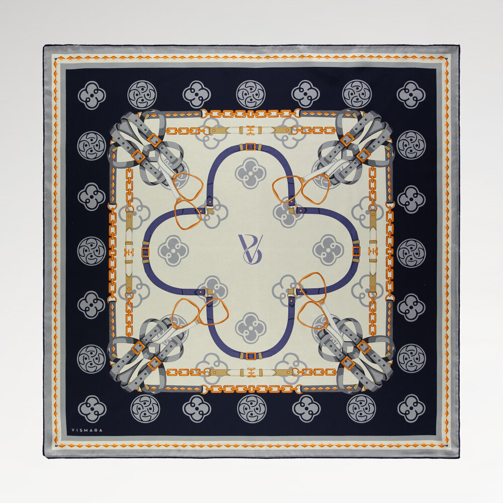 Lacivert Vismara Monogram Zincir Desenli İpek Eşarp - 1