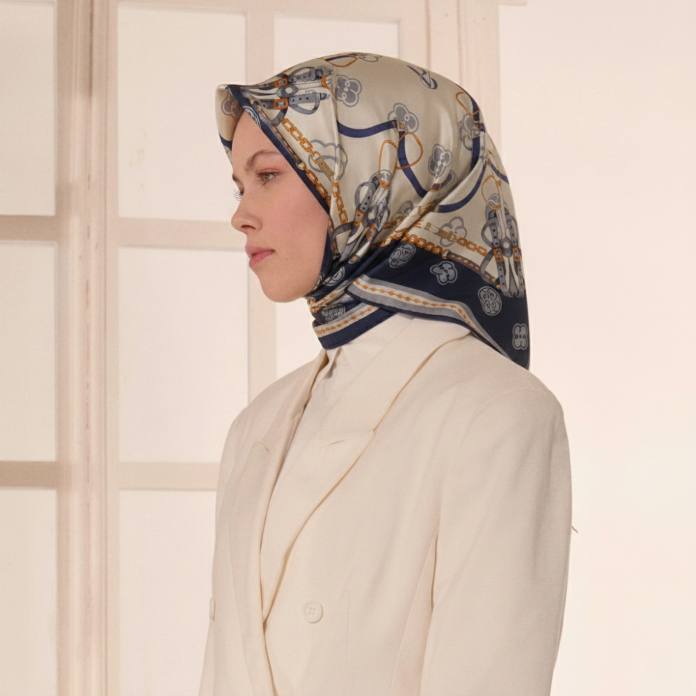 Lacivert Vismara Monogram Zincir Desenli Twill İpek Eşarp - 3