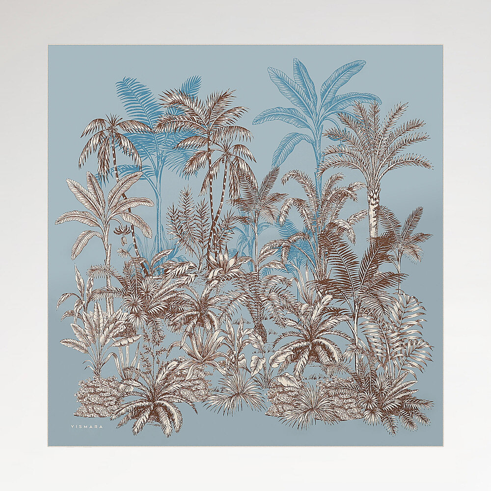 Light Blue Exotic Oasis Patterned Twill Silk Square Scarf - 1