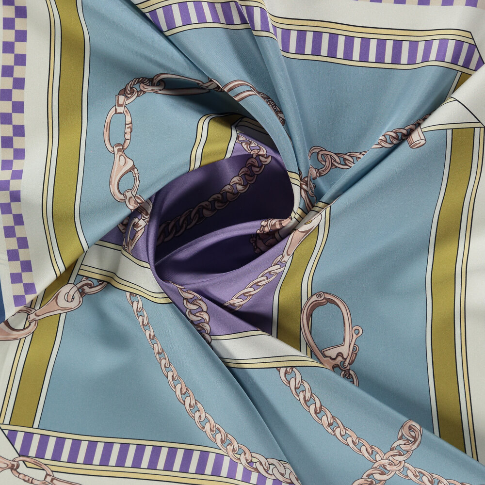 Light Blue Purple Chain Dance Patterned Silk Square Scarf - 2