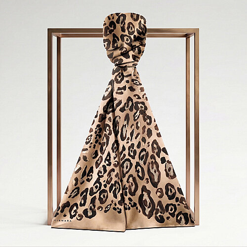 Light Brown Classic Panther Pattern Silk Scarf - Vismara