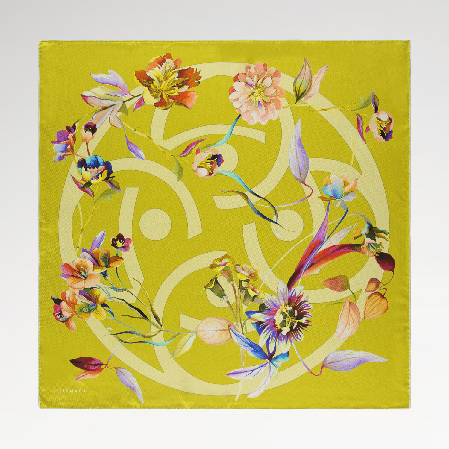 Light Green Flora Symbol Pattern Twill Silk Square Scarf - 1