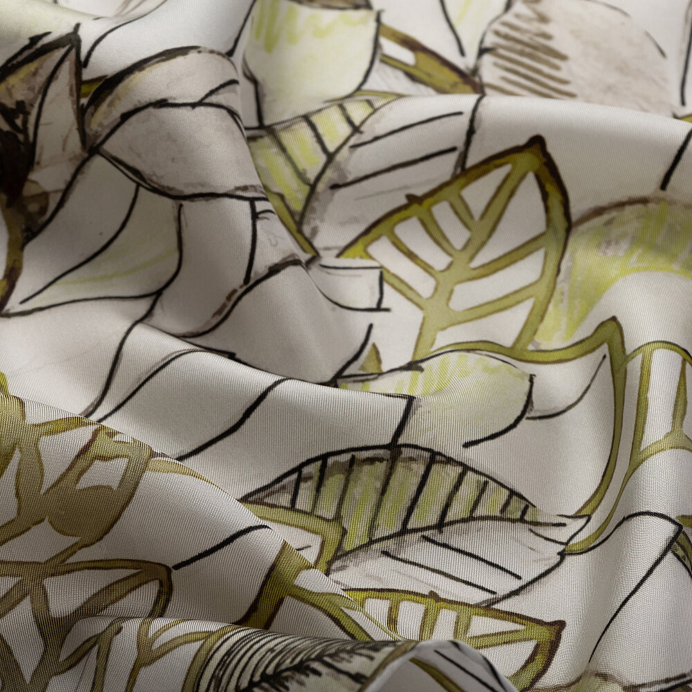 Light Green Floral Leaf Pattern Twill Silk Square Scarf - 2