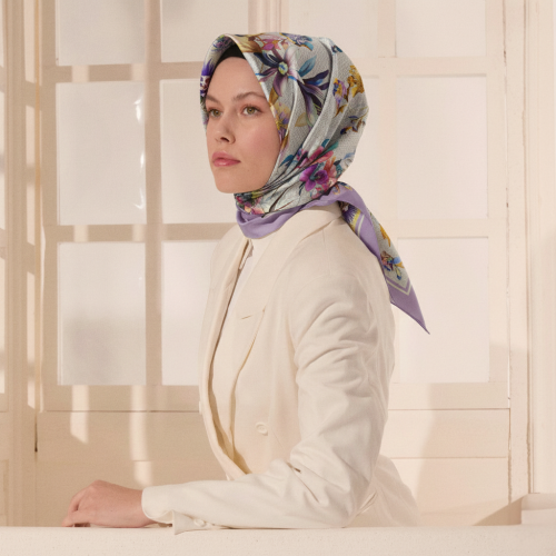 Lilac Monogram Flower Garden Patterned Silk Square Scarf - Vismara