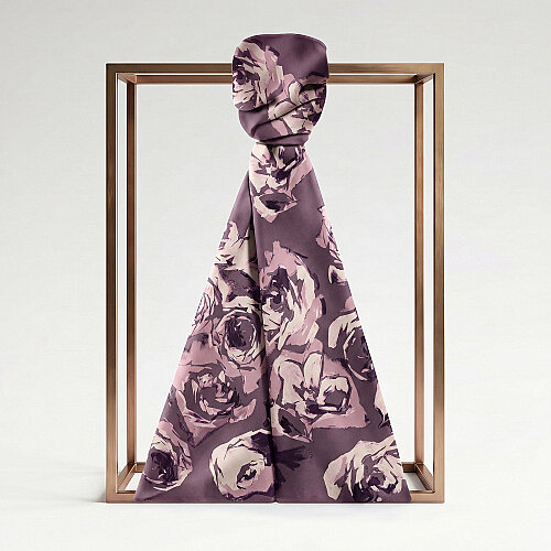 Lilac Oil Painting Rose Patterned Silk Scarf - Vismara
