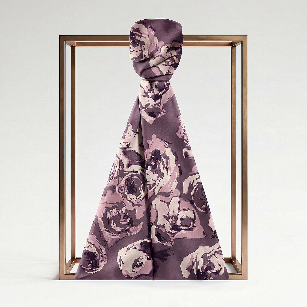 Lilac Oil Painting Rose Patterned Silk Scarf - 1