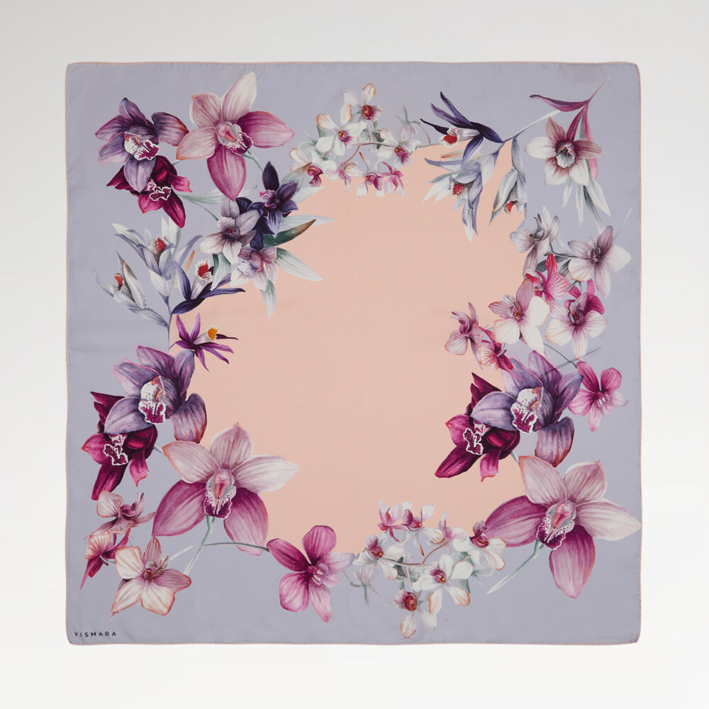 Lilac Orchid Flower Patterned Twill Silk Square Scarf