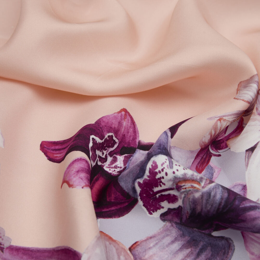 Lilac Orchid Flower Patterned Twill Silk Square Scarf - Vismara