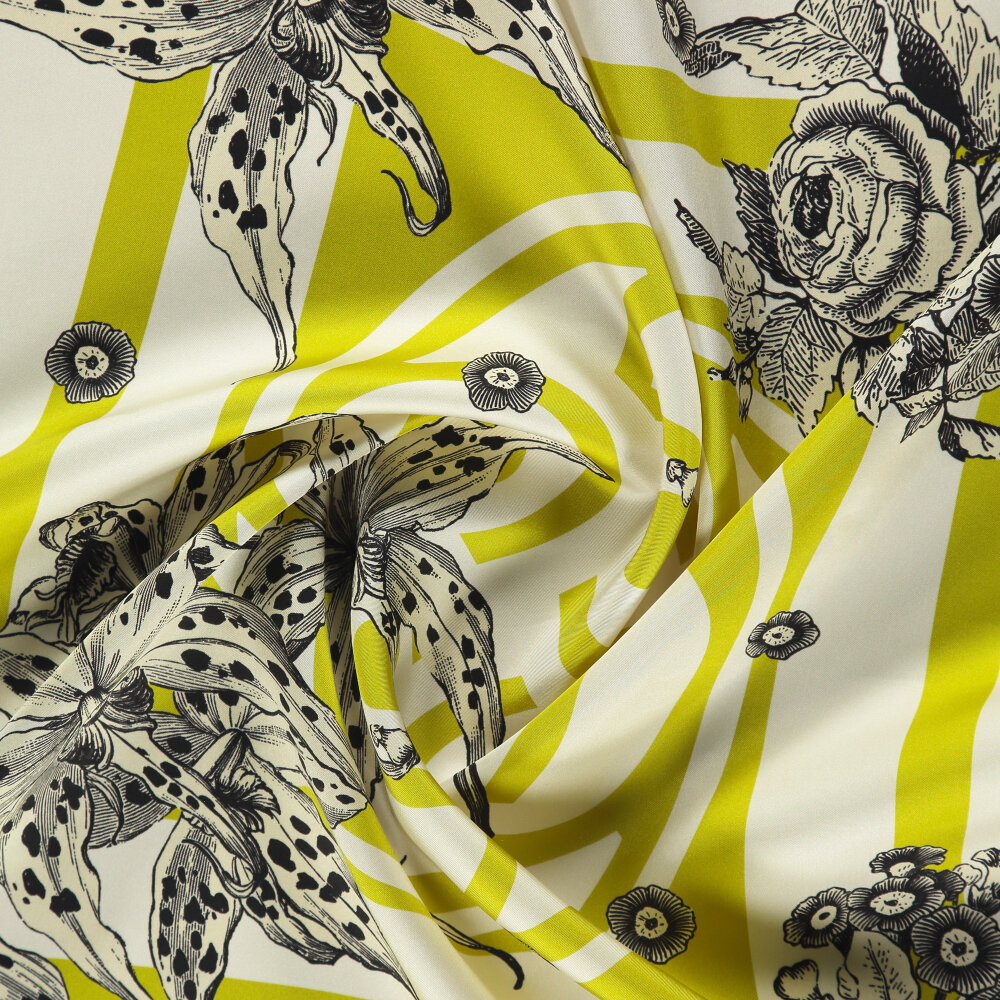 Limon Yeşili Monogram Flora Desenli İpek Eşarp - 2