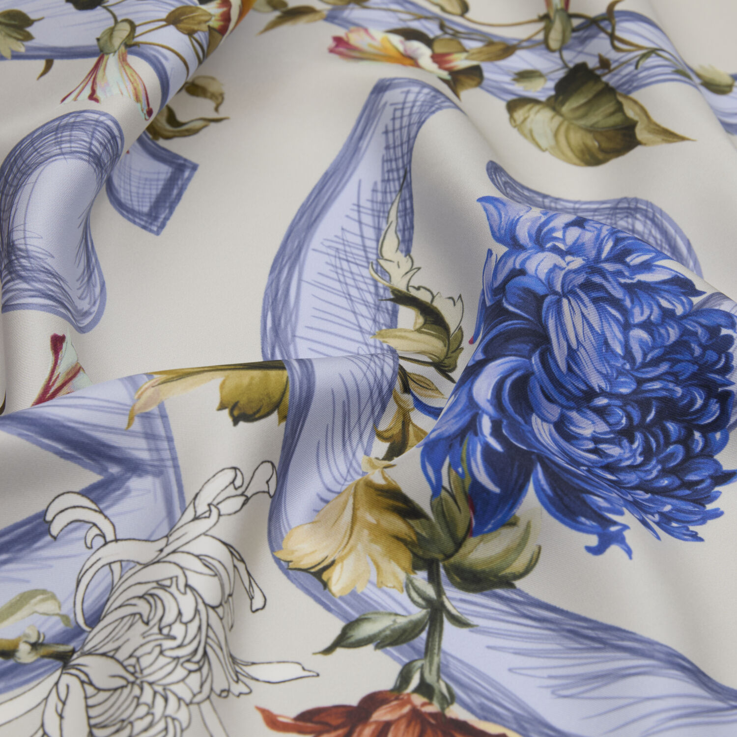 Mavi Çiçeklerin Büyüsü Desenli Twill İpek Eşarp - 2