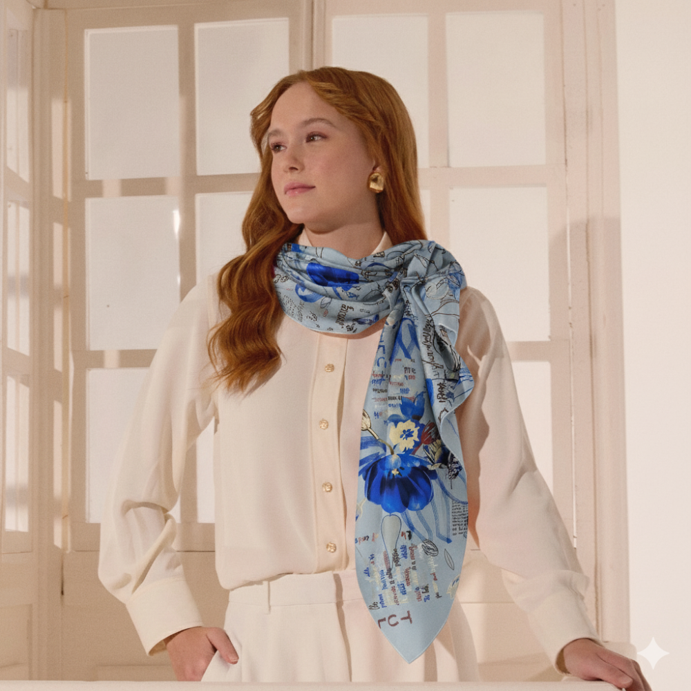 Mavi El Yazısı ile Çiçeklerin Armonisi Desenli Twill İpek Eşarp - 3