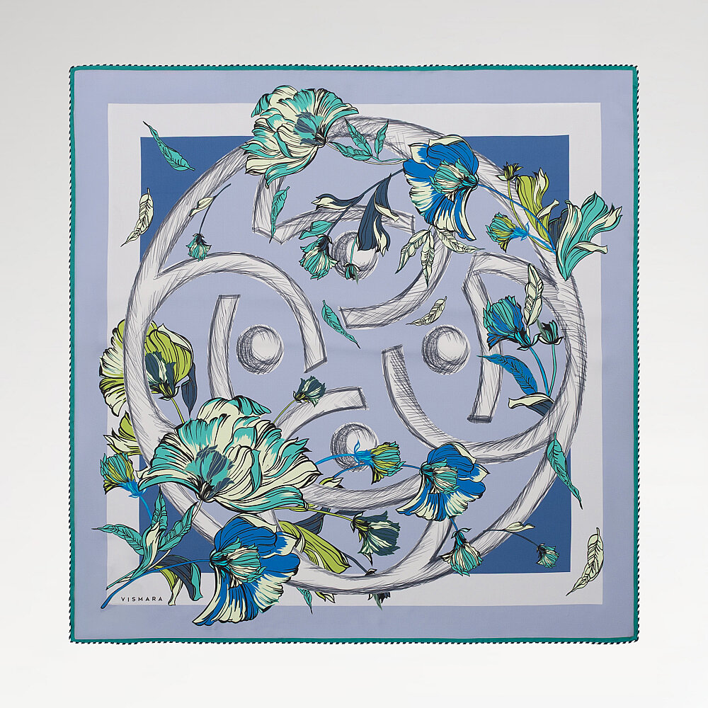 Mavi Flora Viva Desenli İpek Eşarp - 1