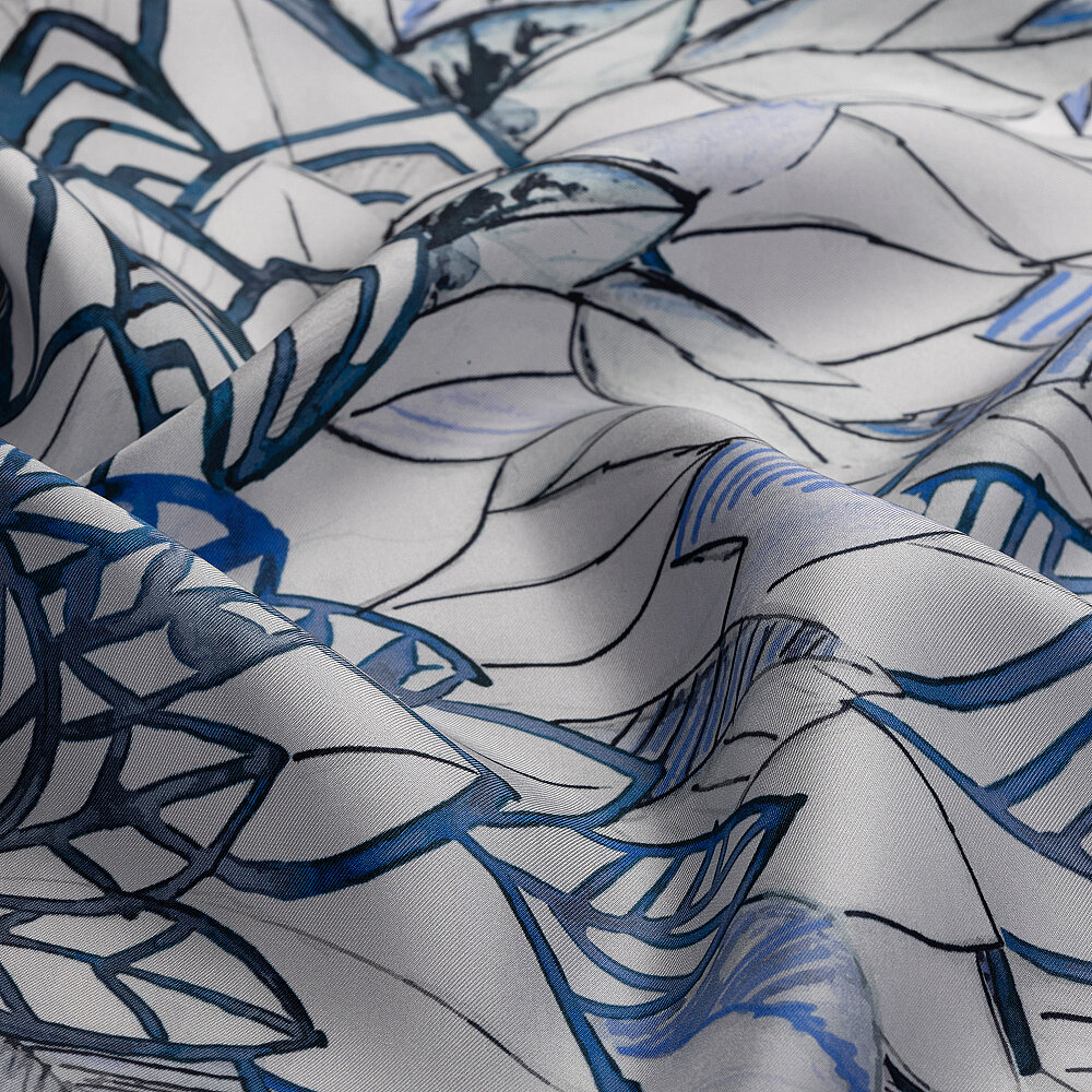 Mavi Floral Yaprak Desenli Twill İpek Eşarp - 2