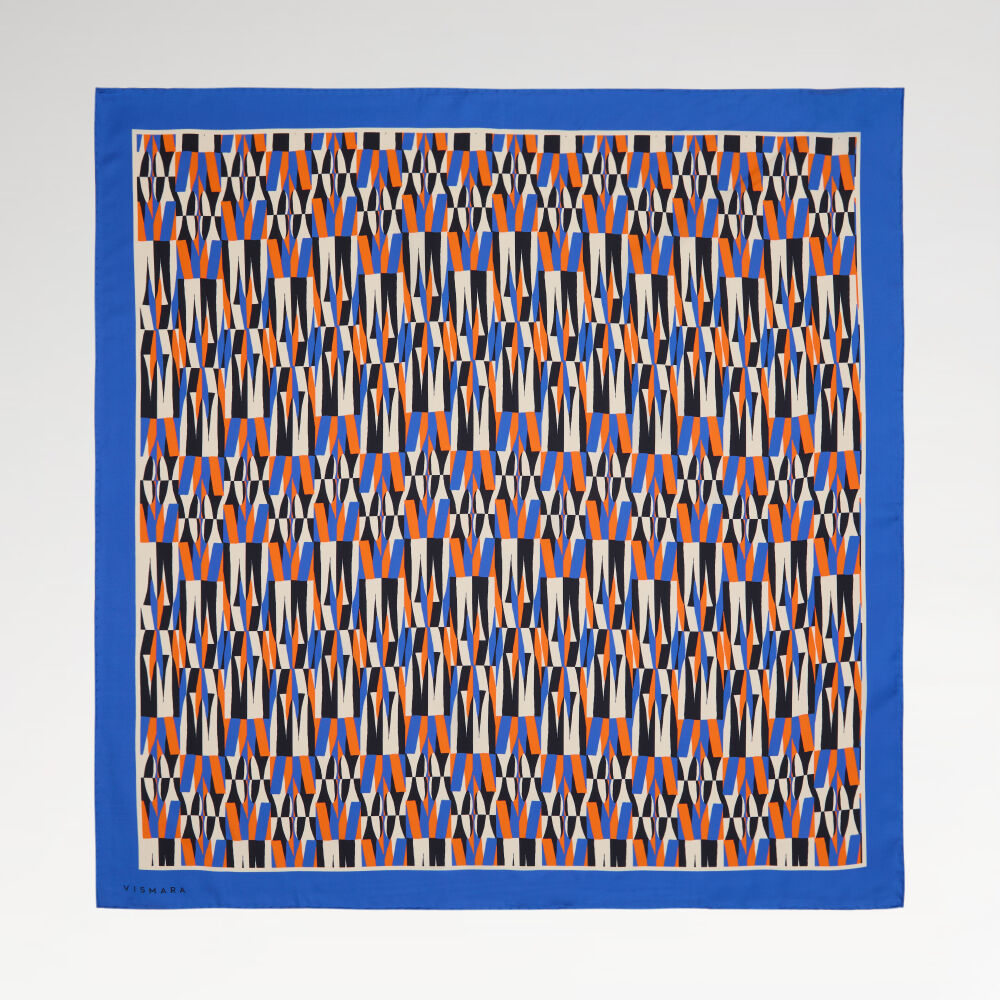 Mavi İkat Retro Desenli Twill İpek Eşarp