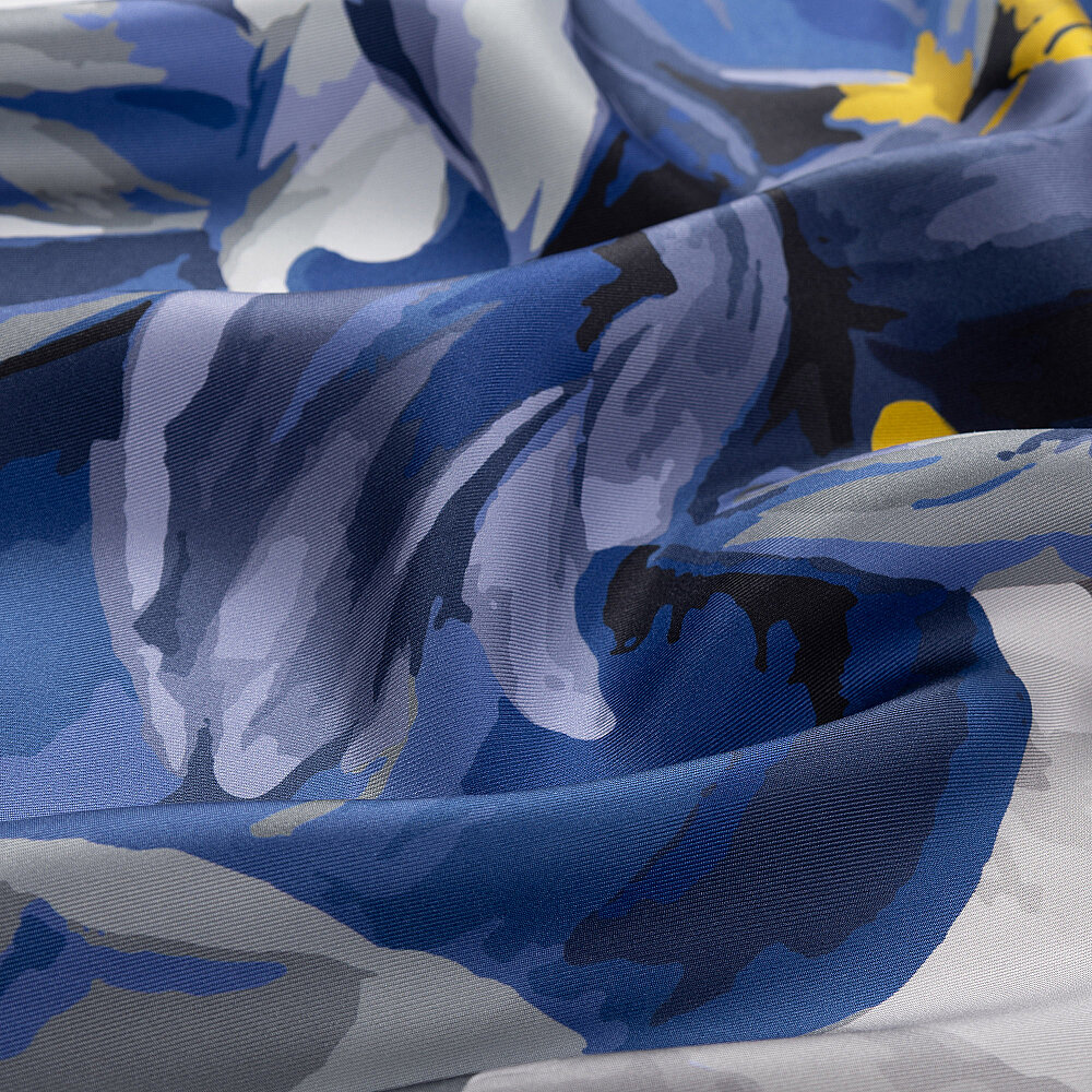 Mavi Şakayık Çiçeği Desenli Twill İpek Eşarp - 2