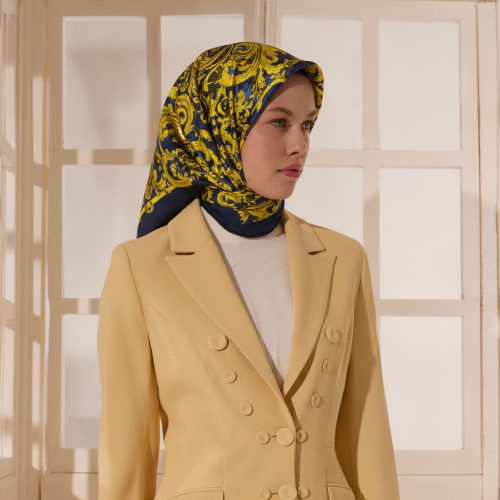 Mavi Su Yeşili Barok Sarmaşık Desenli Twill İpek Eşarp - Vismara