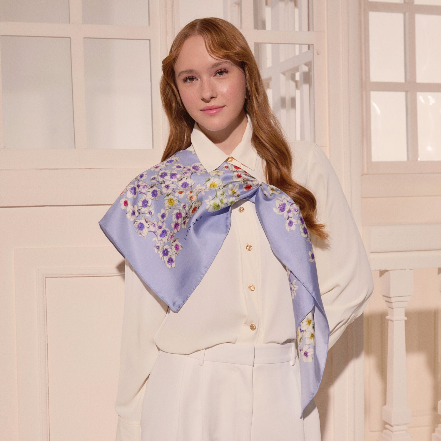 Mavi Sulu Boya Çiçek Deseni Twill İpek Eşarp - 3