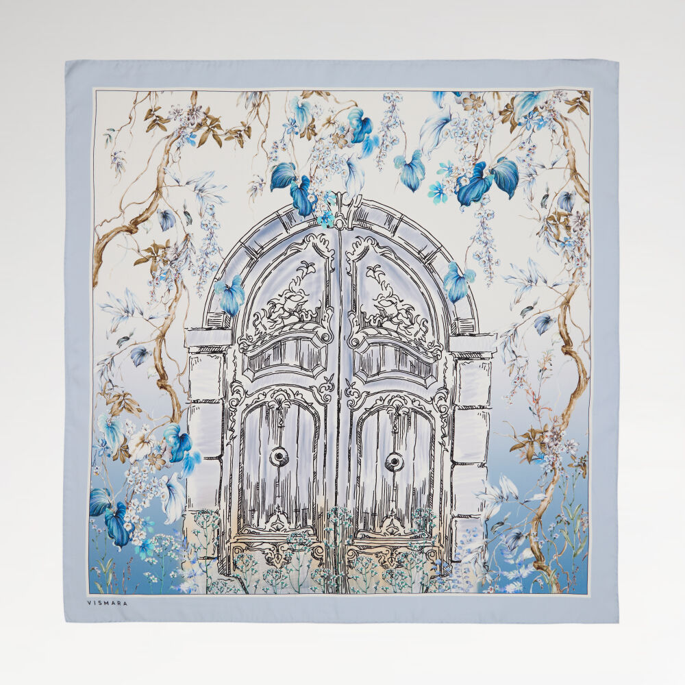 Mavi Vintage Çiçekli Kapı Desenli Twill İpek Eşarp