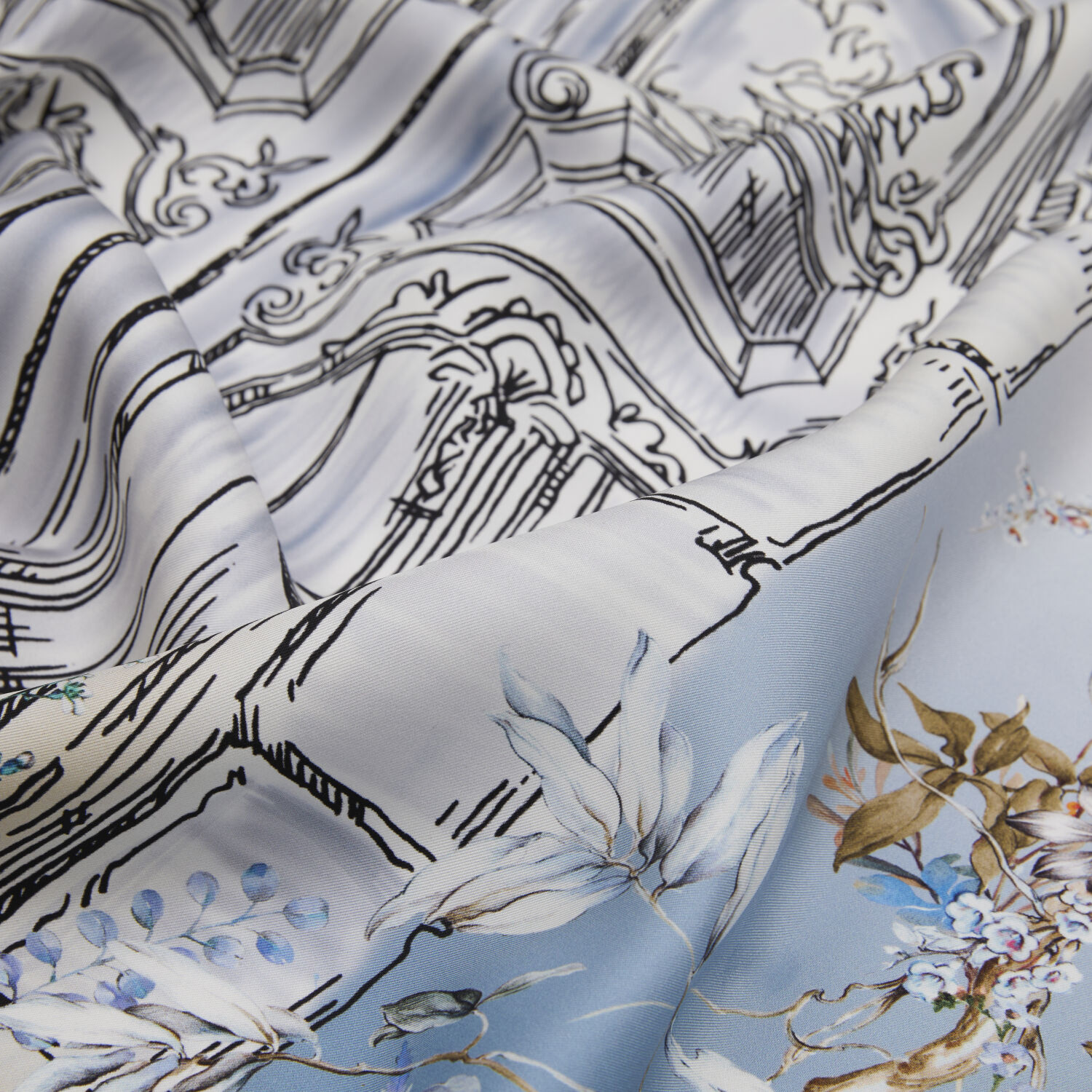 Mavi Vintage Çiçekli Kapı Desenli Twill İpek Eşarp - 2