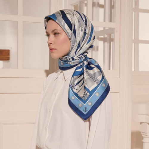 Mavi Yelken Desenli Twill İpek Eşarp - Vismara