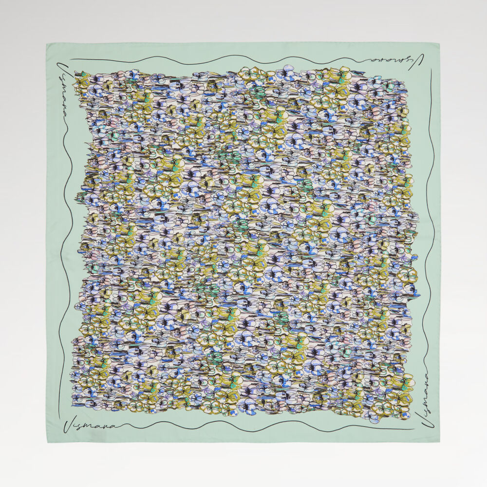 Menthol Spring Flowers Patterned Twill Silk Square Scarf