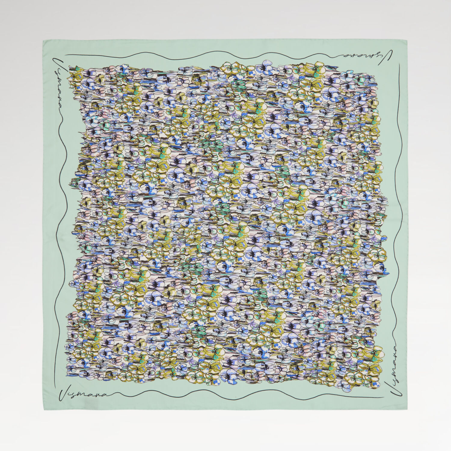 Menthol Spring Flowers Patterned Twill Silk Square Scarf - 1