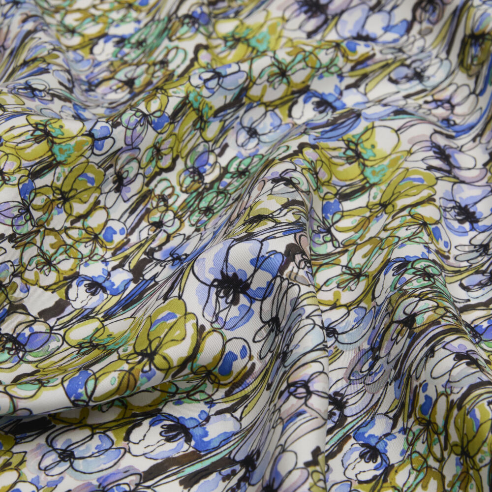 Menthol Spring Flowers Patterned Twill Silk Square Scarf - Vismara