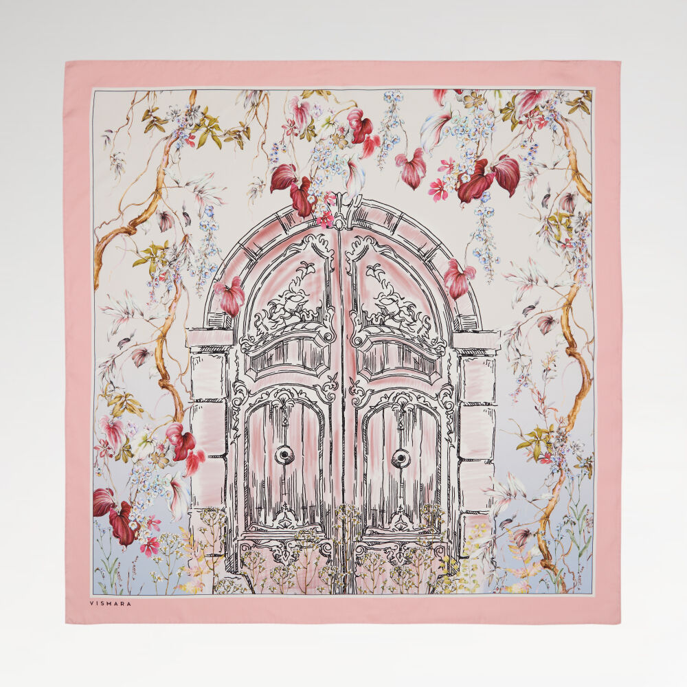Mercan Vintage Çiçekli Kapı Desenli Twill İpek Eşarp
