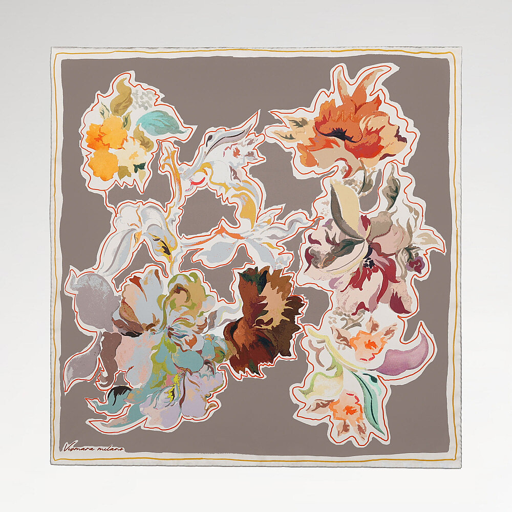 Mink Abstract Flora Pattern Twill Silk Square Scarf - 1