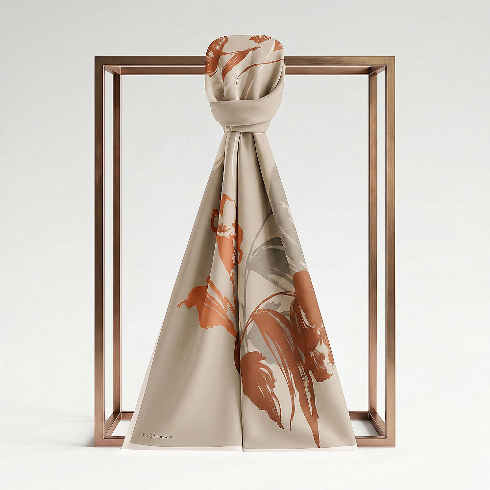 Mink Abstract Tulip Pattern Silk Scarf - 1
