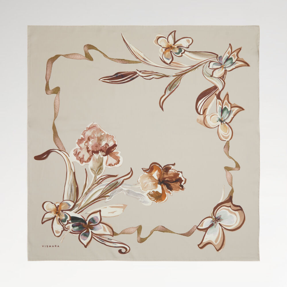 Mink Carnation and Lily Flower Patterned Twill Silk Square Scarf