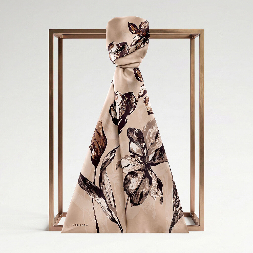 Mink Charcoal Lily Patterned Silk Scarf - 1