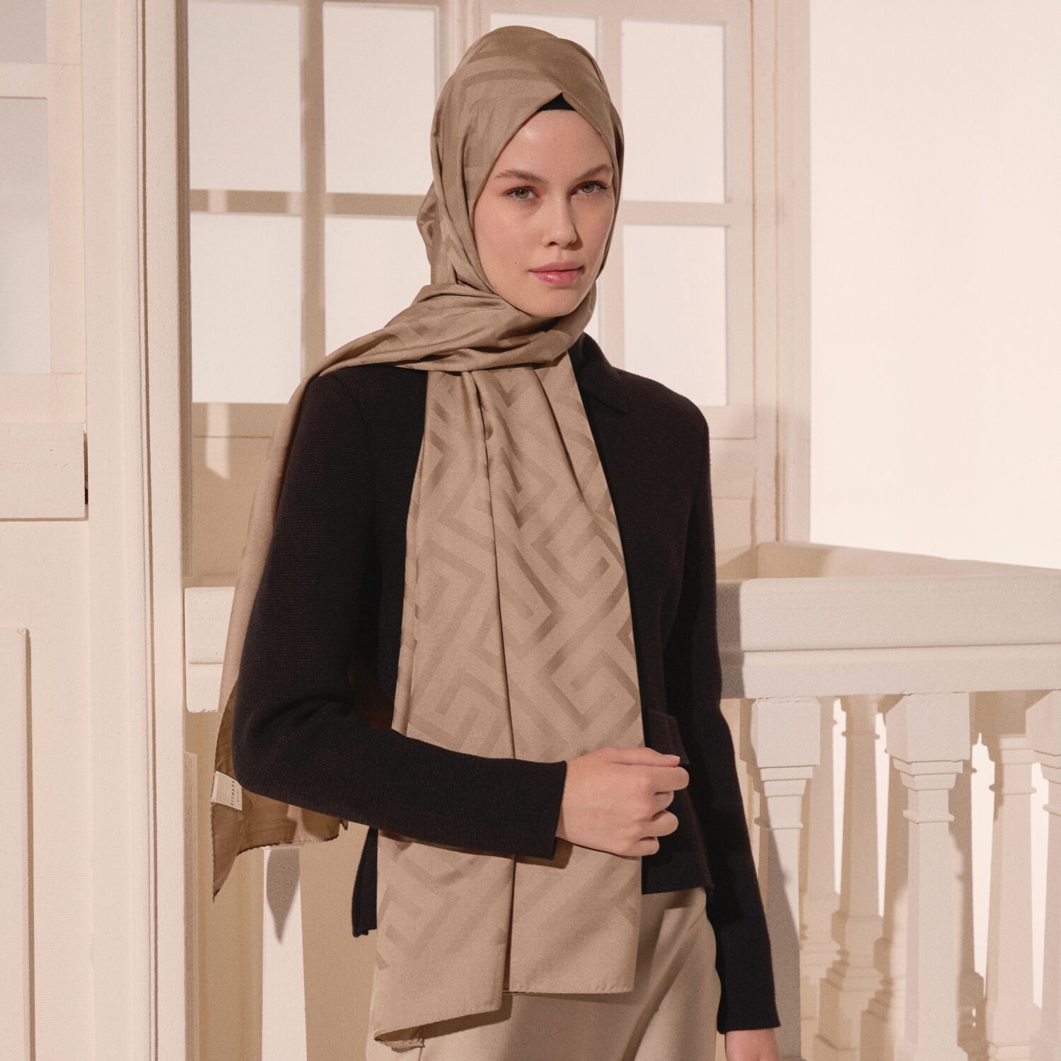 Mink G Pattern Jacquard Wool Silk Scarf - 4