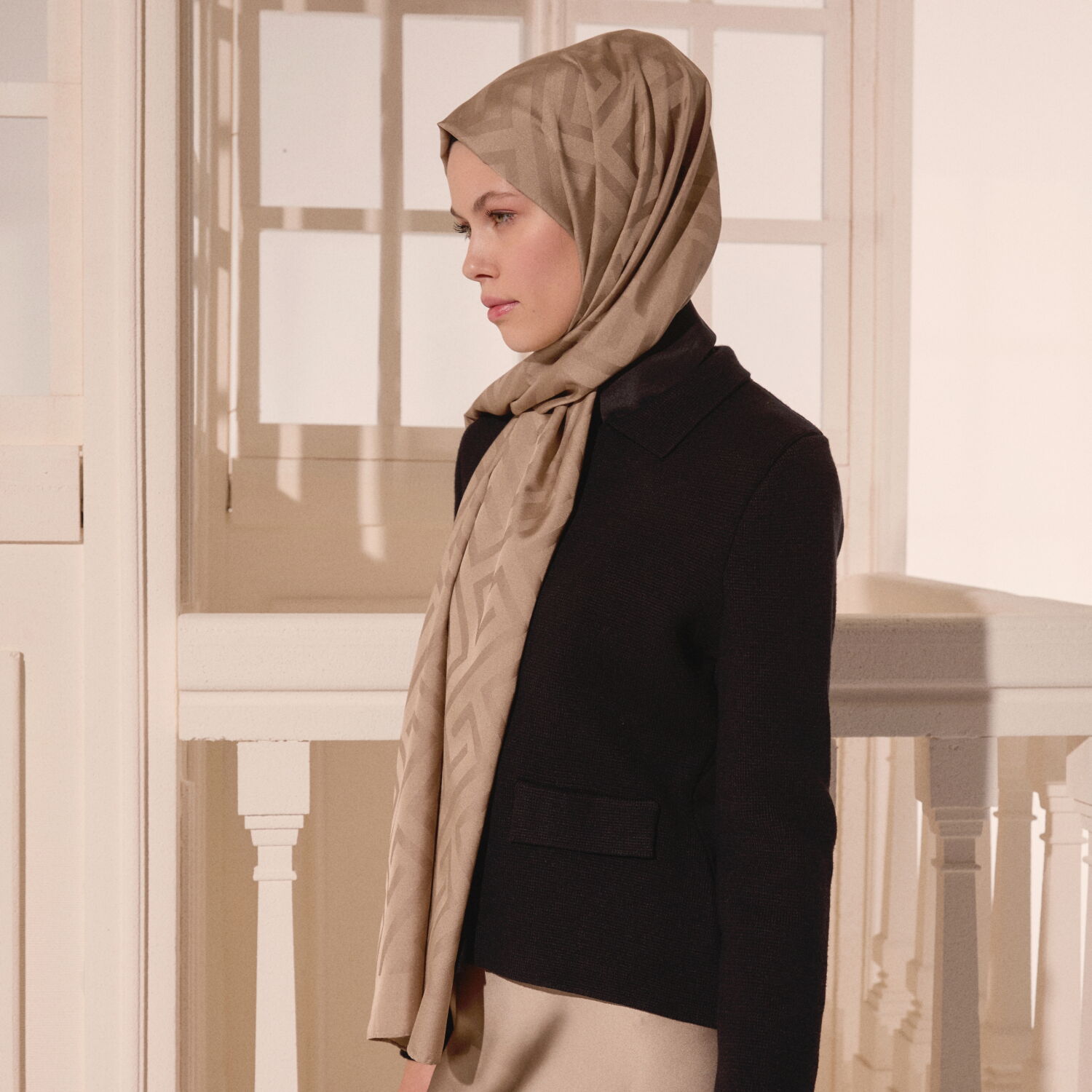 Mink G Pattern Jacquard Wool Silk Scarf - 5